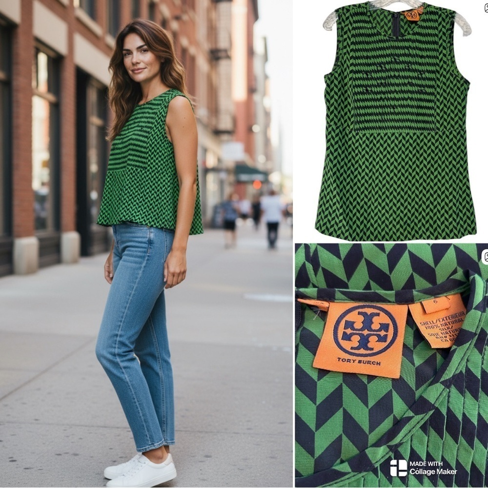 Tory Burch 100% silk Green and Black Sleeveless Top